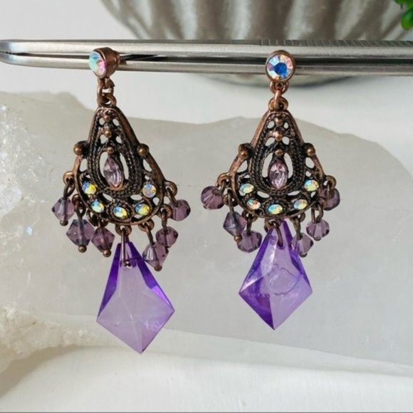 Copper Tone Metal and Purple Crystal Chandelier Earrings - Picture 7 of 8